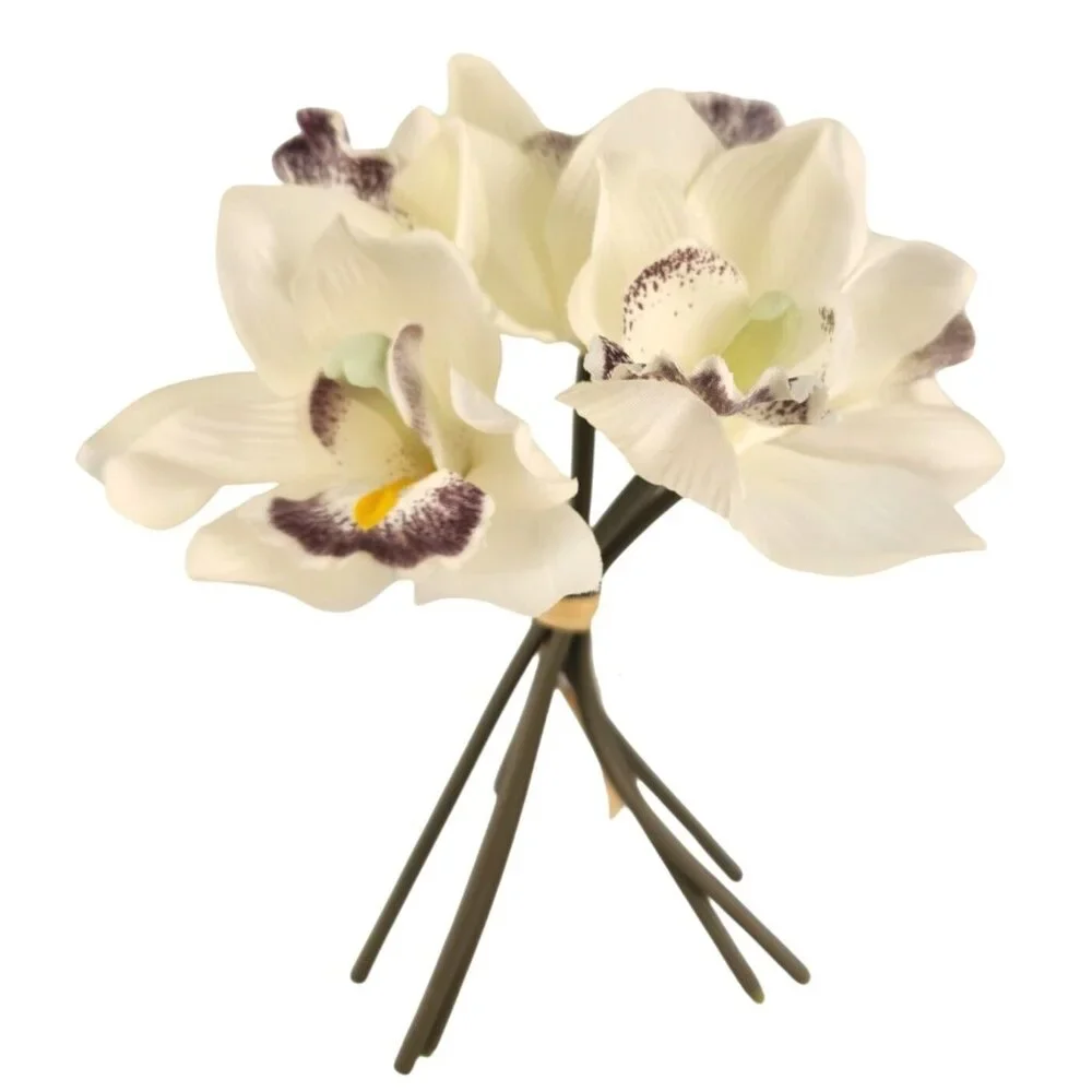 Ivory Cymbidium Orchid Artificial Flowers 7 Stem Bundle, Faux Orchid Wedding Flo
